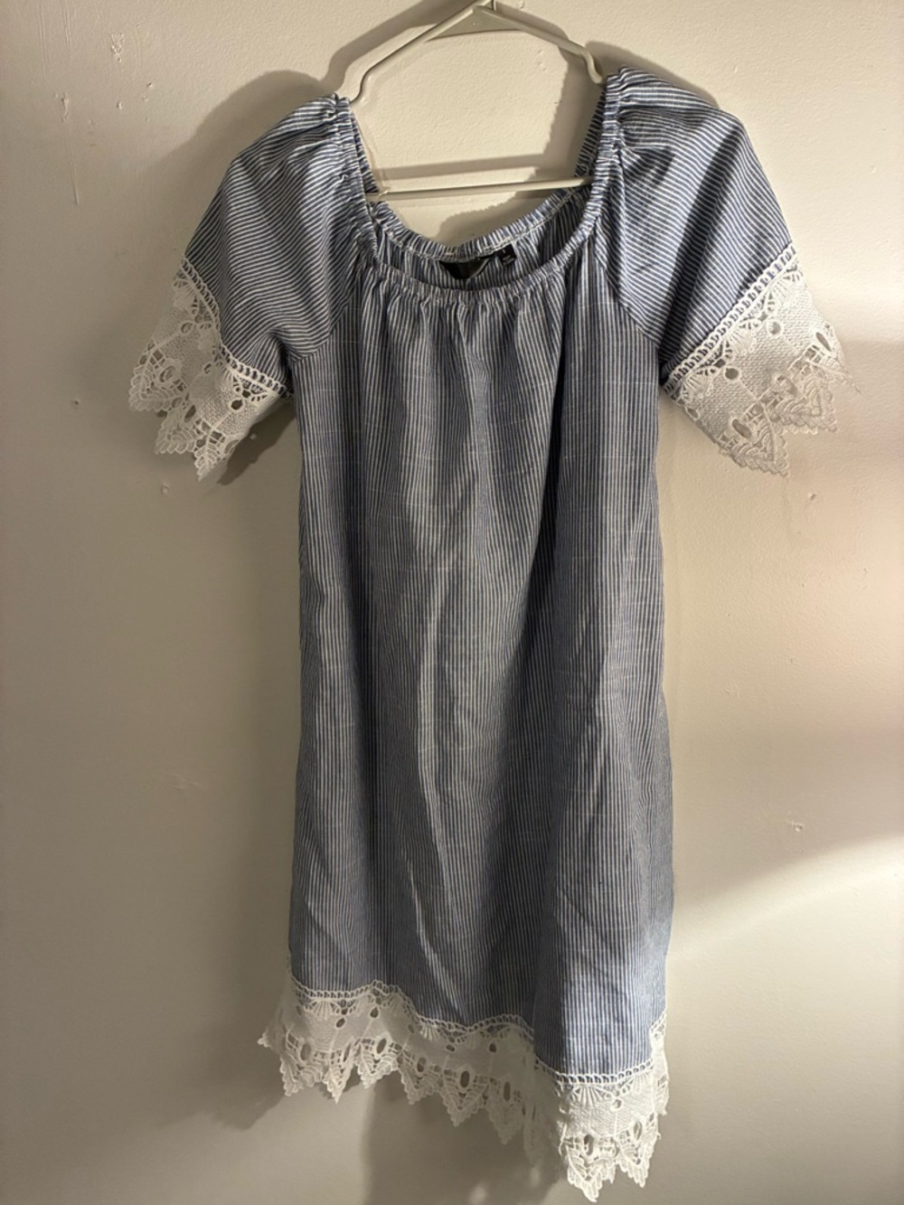 Blue & White Striped Lace Trim Off Shoulder Dress Size S Boho